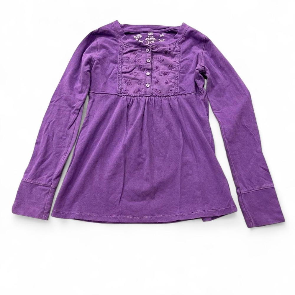 Purple long sleeve babydoll top with button up detail, embroidery sequins